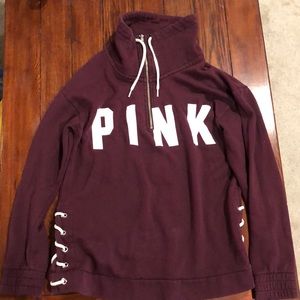 Burgundy PINK lace up funnel neck sweatshirt